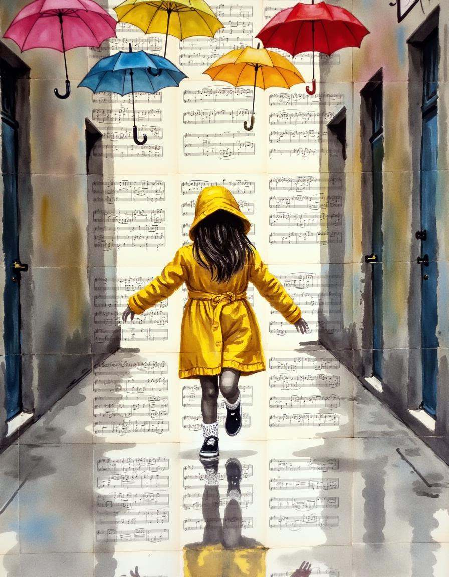 a painting on pages of music,  A young girl wearing a yellow raincoat jumping into a puddle in a quiet alley,  colorful um...
