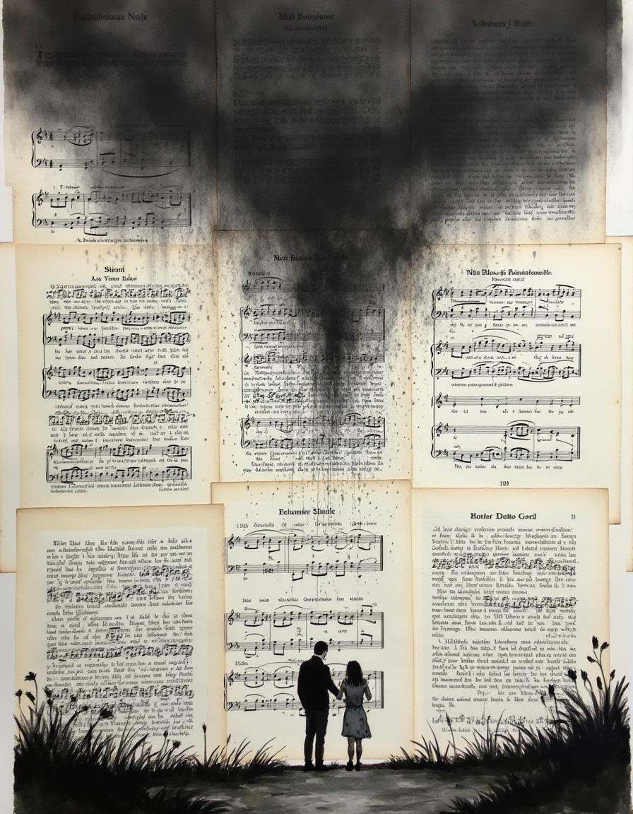 a painting on old book pages,  A storm where each raindrop is a note,  creating a symphony as it falls to the earth on Ten...