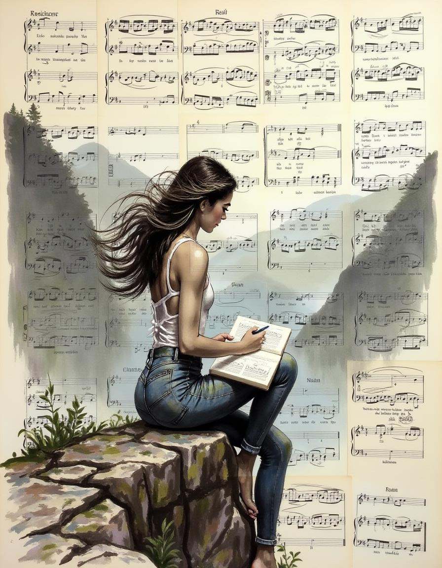 a painting on pages of music,  A young woman perched on the edge of a rocky cliff overlooking a misty valley,  her long ha...