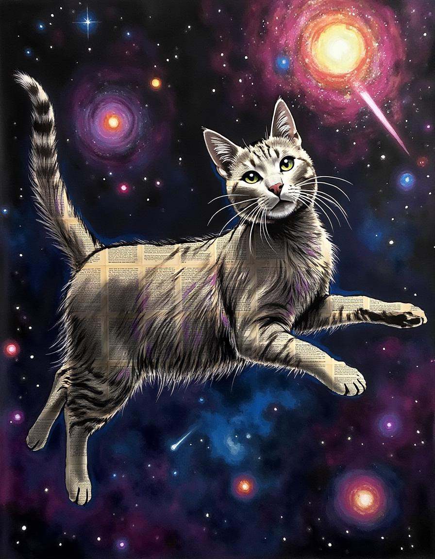 a painting on newspaper,  A cosmic cat floating weightlessly in deep space,  its fur interwoven with constellations and ga...