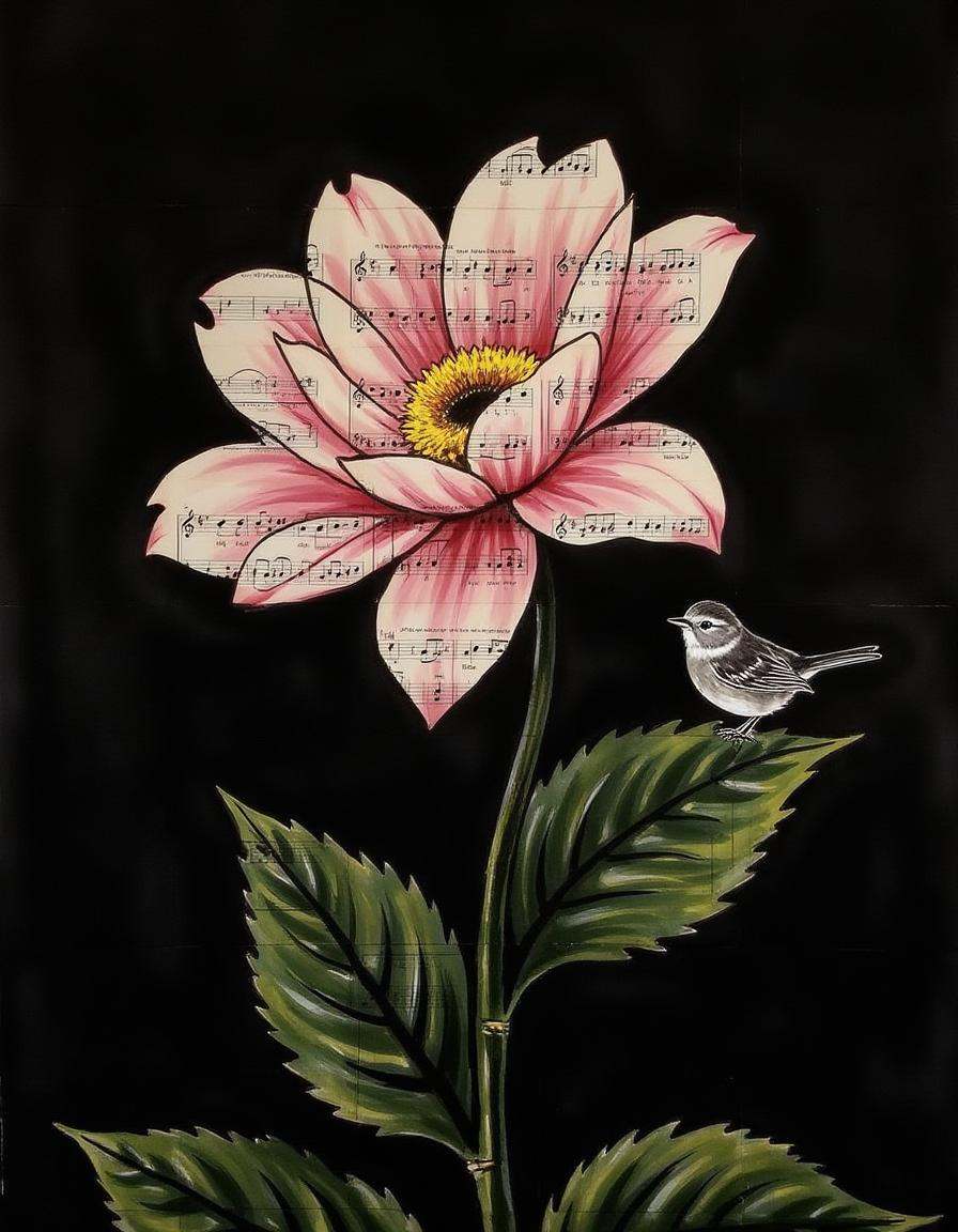a painting on pages of music,  flower,  no humans on Tensor.Art