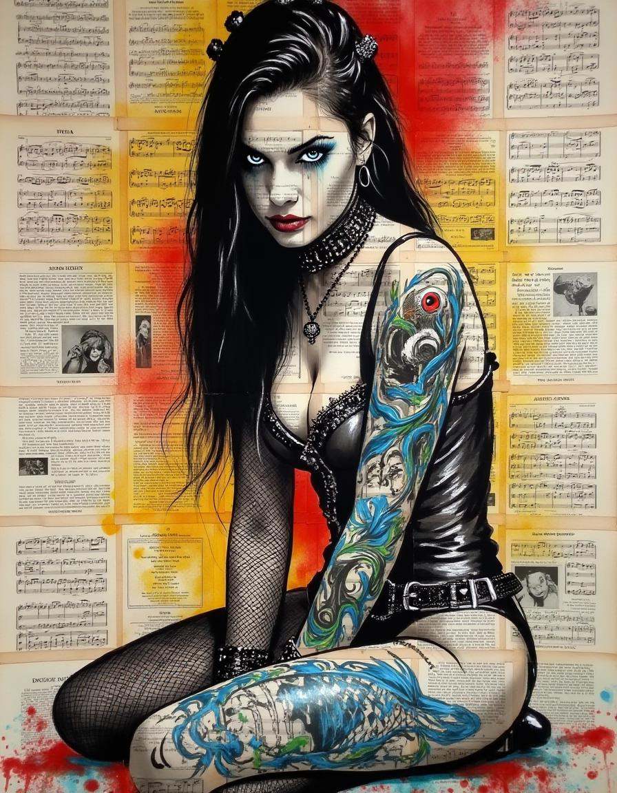 a painting on pages of music,  a Gothic girl with long,  flowing black hair on Tensor.Art