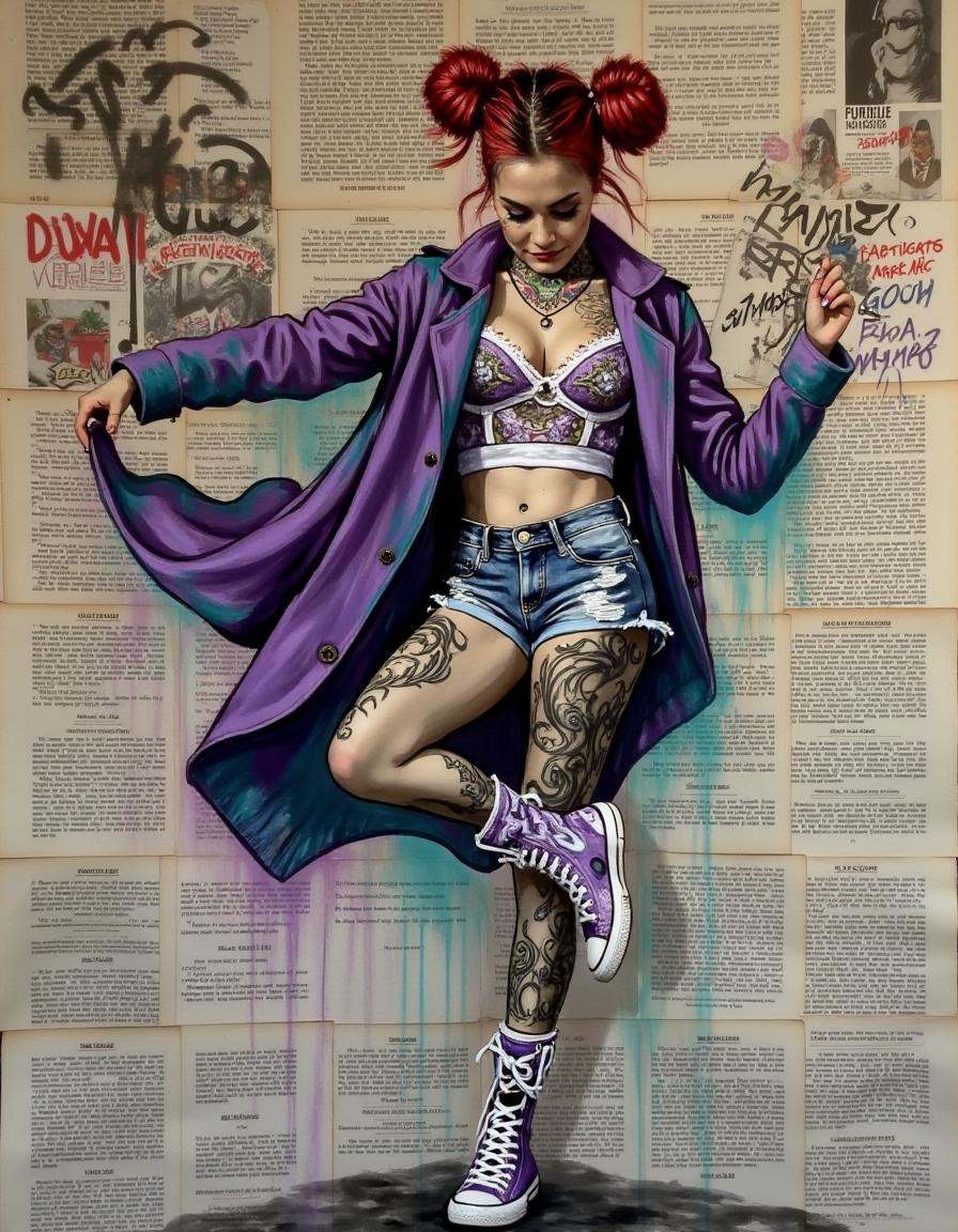 a painting on old maps,  A woman with fiery red hair tied into twin buns swirls in an artistic pose against a backdrop of...