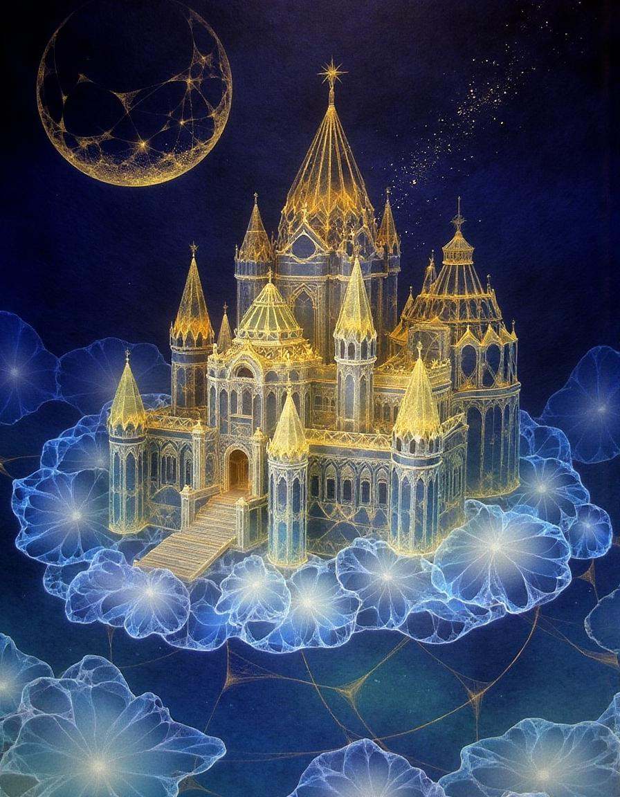 a dinhng style painting ,  a glowing palace floating on a translucent cloud,  surrounded by intricate golden patterns and...
