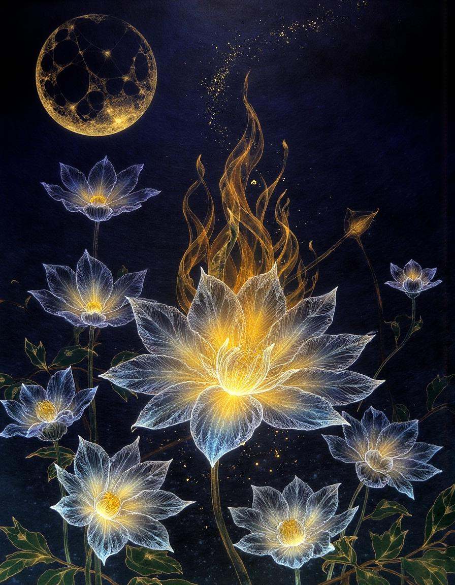 a dinhng style painting ,  a glowing dragon pearl surrounded by translucent golden flames,  resting on intricate flowers u...