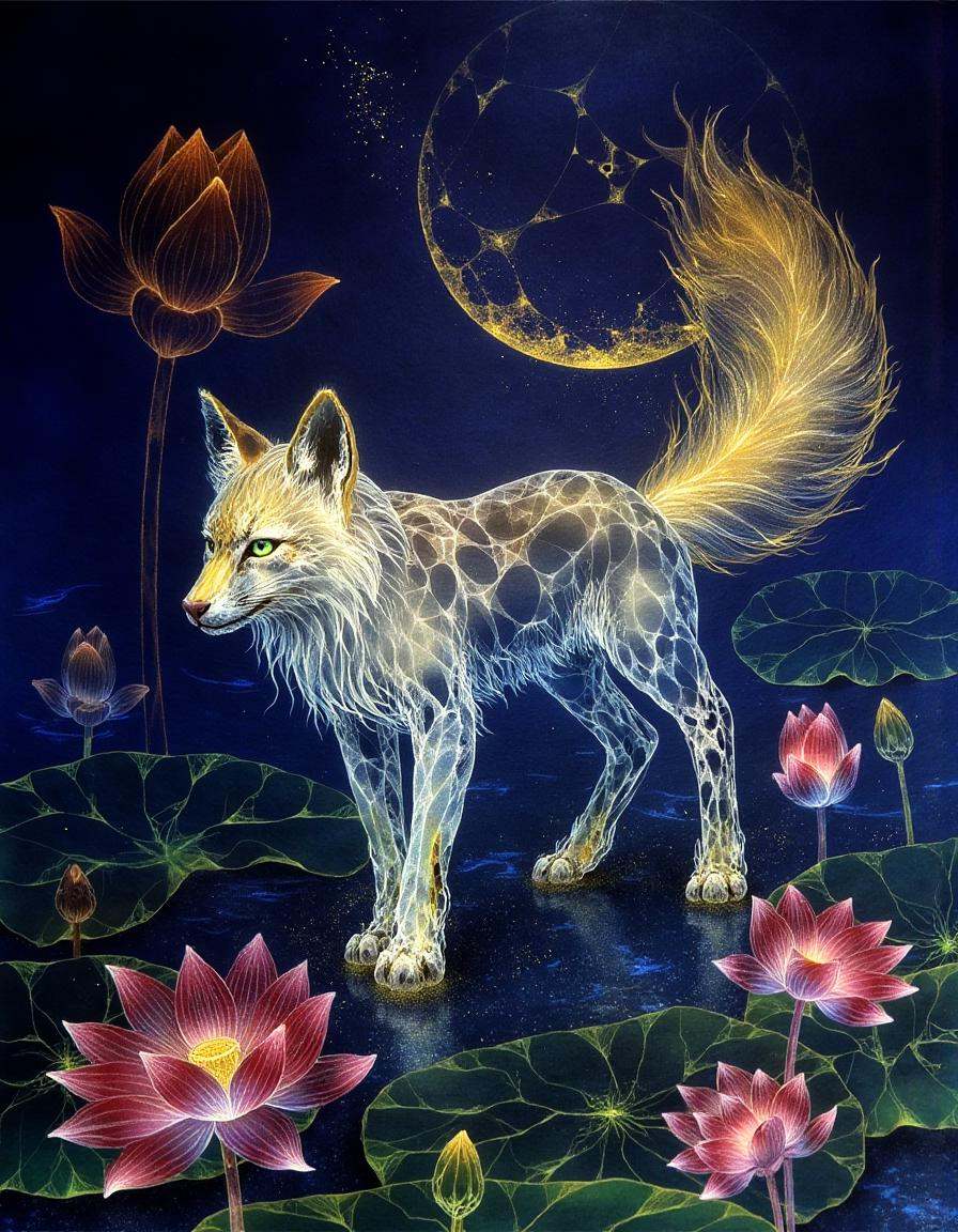 a dinhng style painting ,  a mystical nine-tailed fox with translucent fur glowing golden under the moonlight,  standing a...