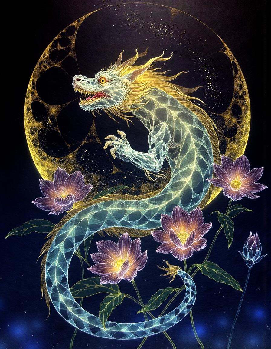 a dinhng style painting ,  a celestial jade dragon glowing with translucent golden scales curling around a luminous moon,...