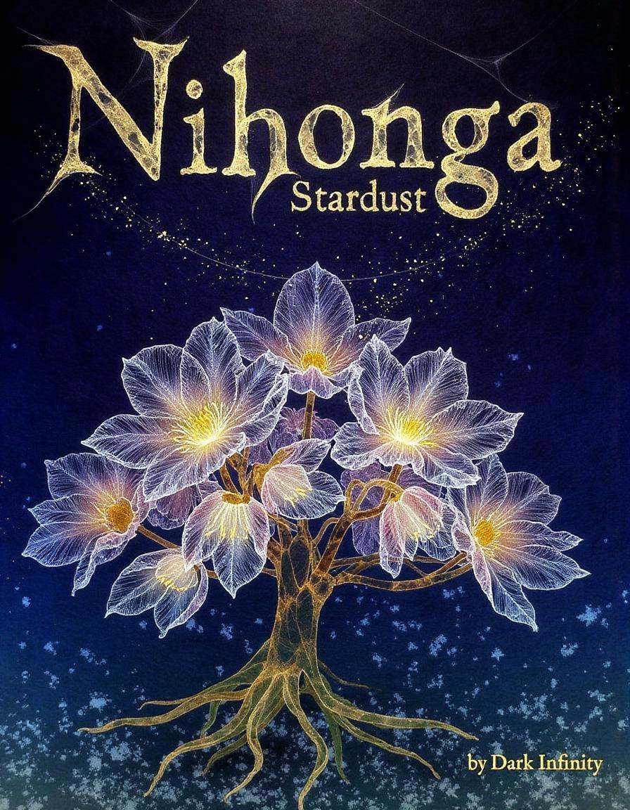 a dinhng style painting with ((large text over an image that says "Nihonga Stardust" and that appears in a zen-inspired fo...