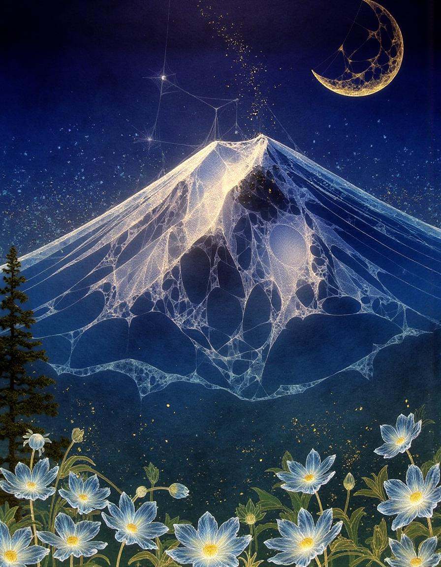 a dinhng style painting ,  a glowing mountain range under a crescent moon with translucent mist,  intricate starry sky on...