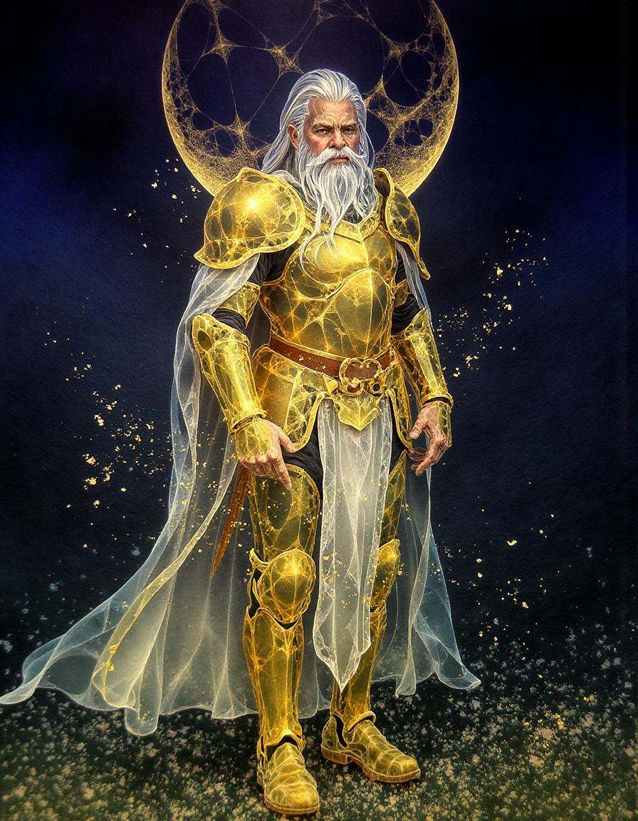a dinhng style painting ,  a celestial warrior glowing with translucent golden armor adorned with intricate flowers,  stan...
