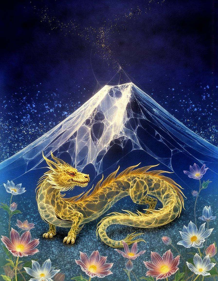 a dinhng style painting ,  a glowing golden dragon coiled around a translucent mountain peak under a starry night sky surr...