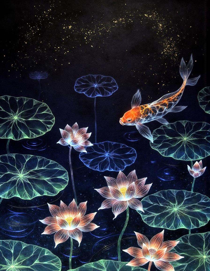 a dinhng style painting ,  a glowing koi pond with translucent water and intricate flowers,  illuminated by a starry night...