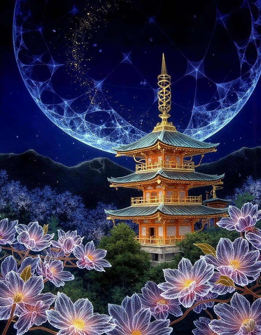 a dinhng style painting ,  a glowing pagoda surrounded by translucent cherry blossoms and golden accents,  under a mystica...