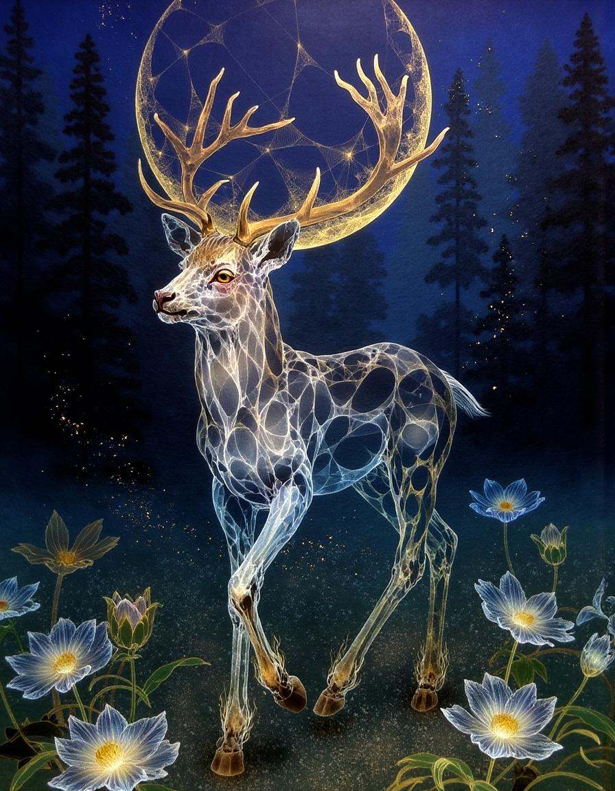 a dinhng style painting ,  a deer with glowing antlers standing in a mystical forest under a translucent moon,  intricate...