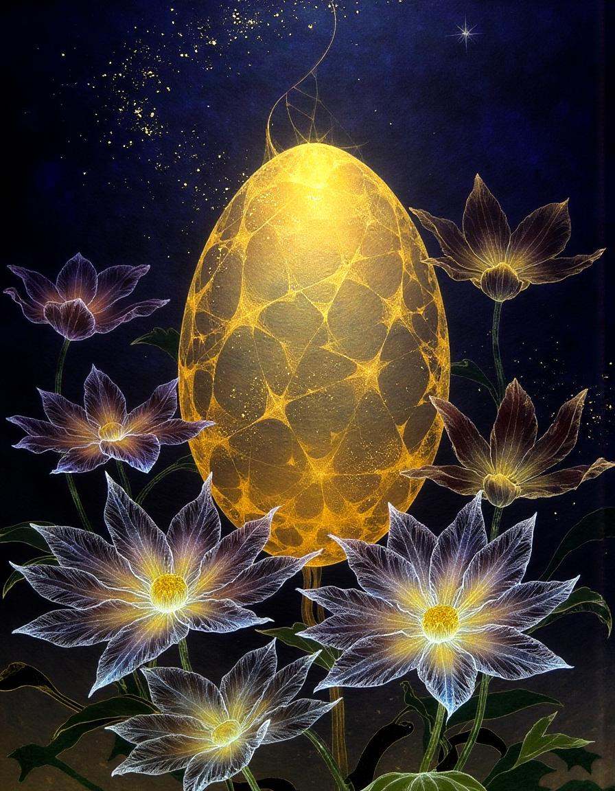 a dinhng style painting ,  a glowing phoenix egg with translucent golden cracks surrounded by intricate flowers,  set unde...
