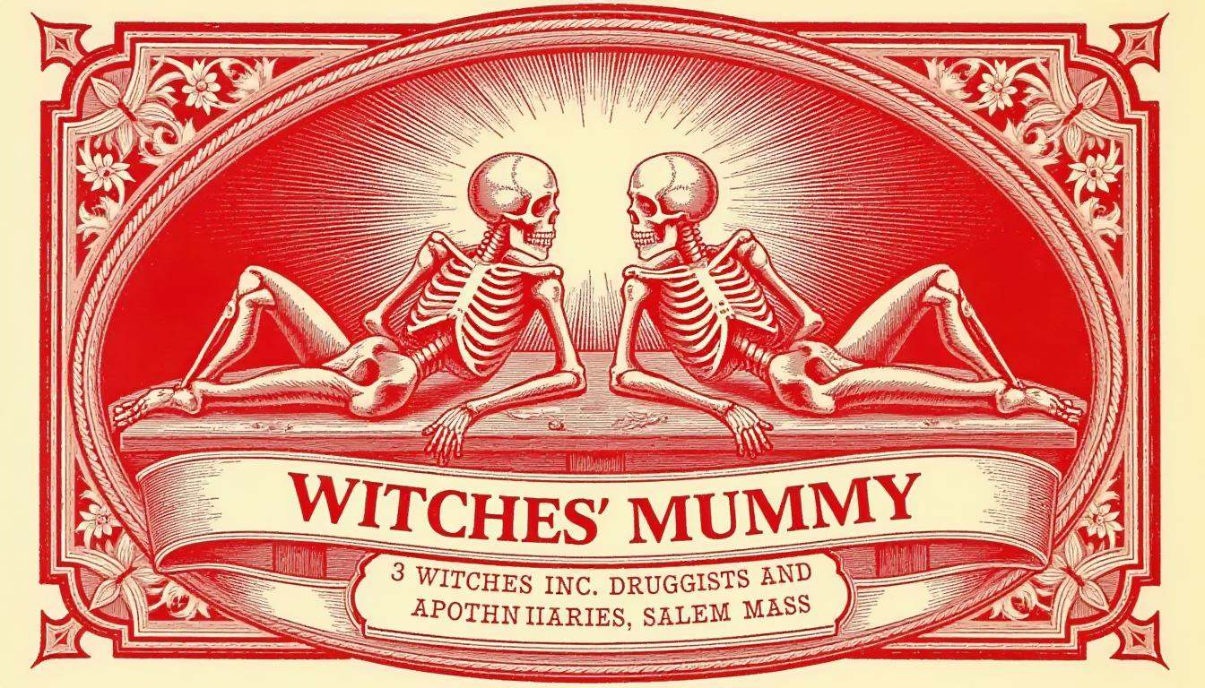 A vintage label design for 'Witches' Mummy' in Dark Red,  almong Black ink,  featuring a macabre illustration of two skele...
