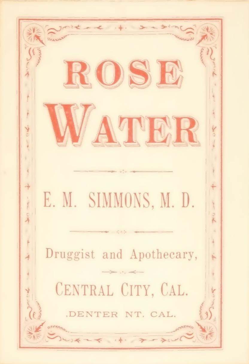 A vintage label design for 'Rose Water,  ' with soft red ink on an aged,  cream background. The main text 'Rose Water' is...