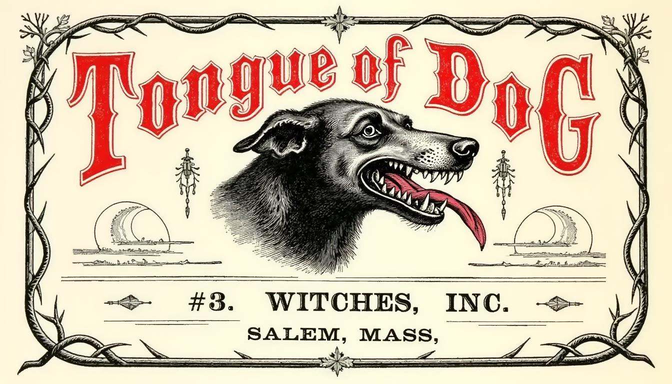 A vintage apothecary label for 'Tongue of Dog,  ' using black and crimson red ink,  featuring an illustration of a snarlin...