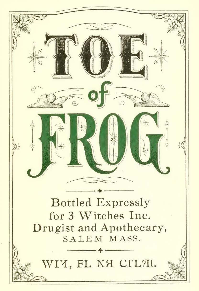 A vintage label design for 'Toe of Frog,  ' featuring classic,  bold typography in black and green ink with Victorian-styl...