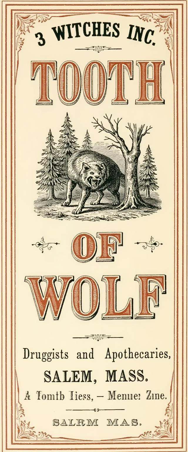 A vintage label for 'Tooth of Wolf,  ' in brown and black ink,  featuring bold on Tensor.Art