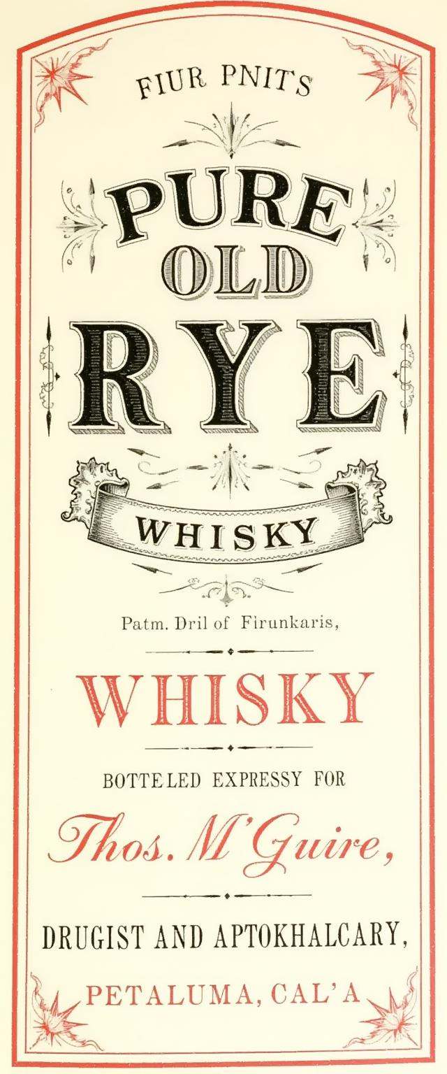 A vintage label design for 'Pure Old Rye Whisky,  ' featuring classic,  bold typography in black and red ink with Victoria...