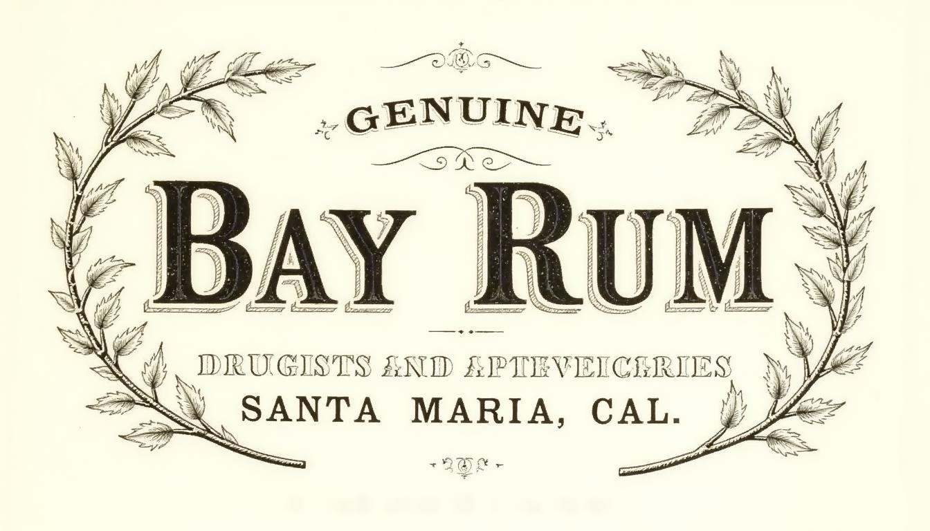 A vintage apothecary label for 'Genuine Bay Rum,  ' featuring bold,  black serif typography with decorative shadows on an...