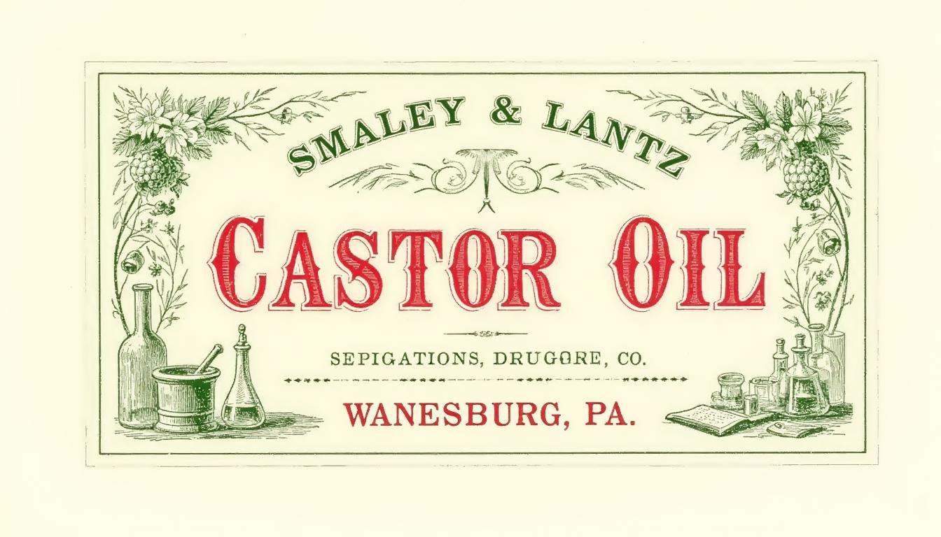 A vintage label for 'Castor Oil,  ' in red and green ink,  featuring bold on Tensor.Art