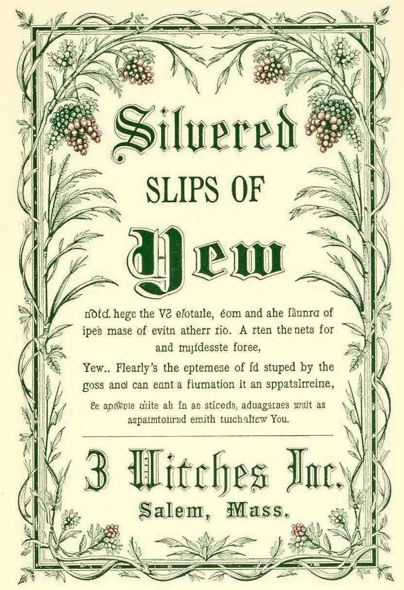 A vintage apothecary label for 'Silvered Slips of Yew,  ' in silver and dark green ink,  featuring delicate illustrations...