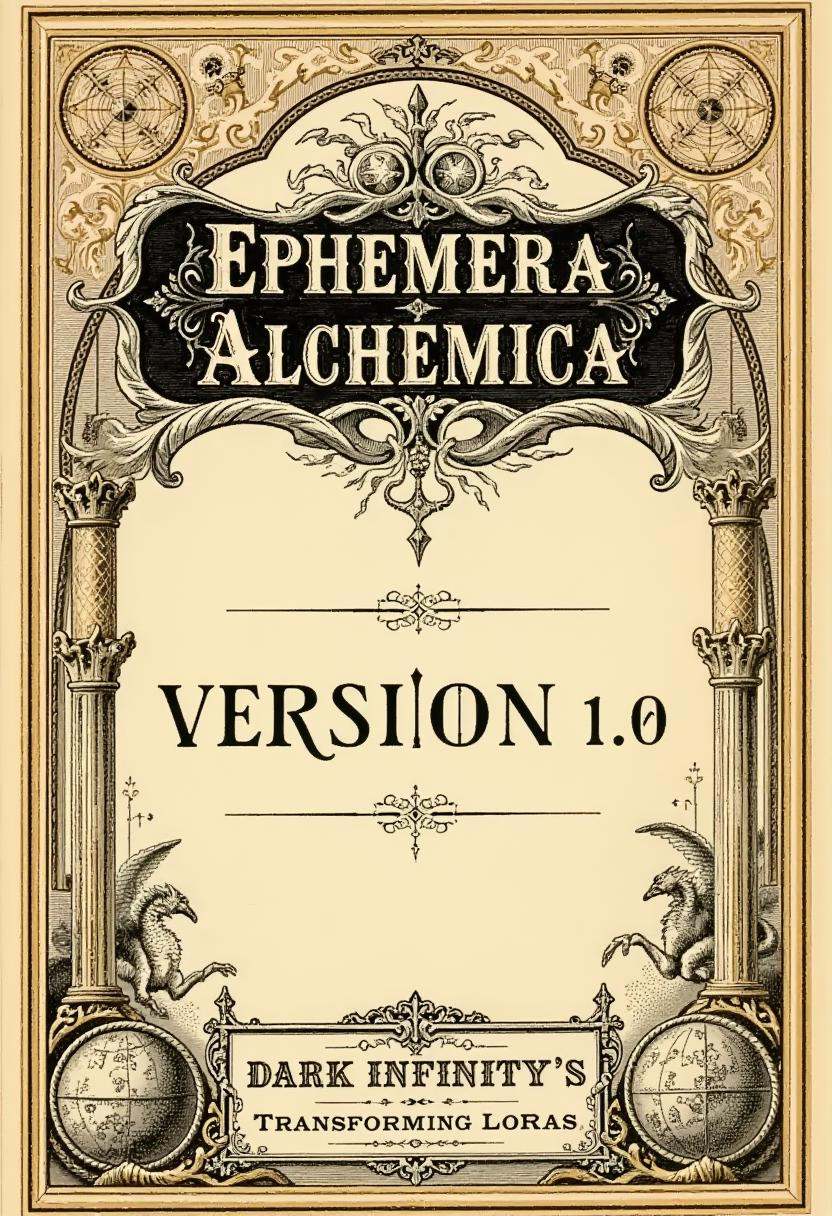 A vintage-style label titled 'Ephemera Alchemica' in ornate gold and black ink,  featuring a large,  decorative title in b...