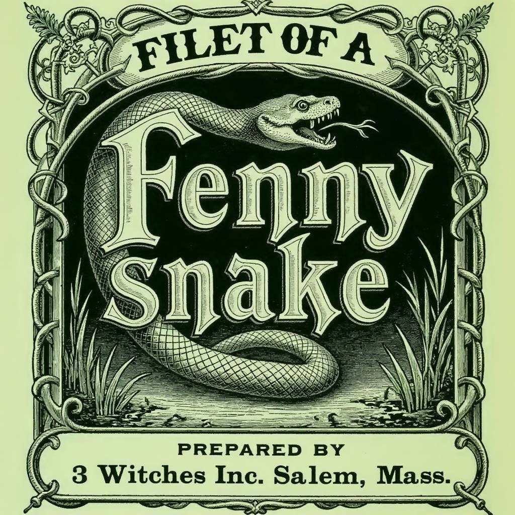 A vintage label design for 'Fillet of a Fenny Snake,  ' in deep green and black ink,  featuring the image of a coiled snak...