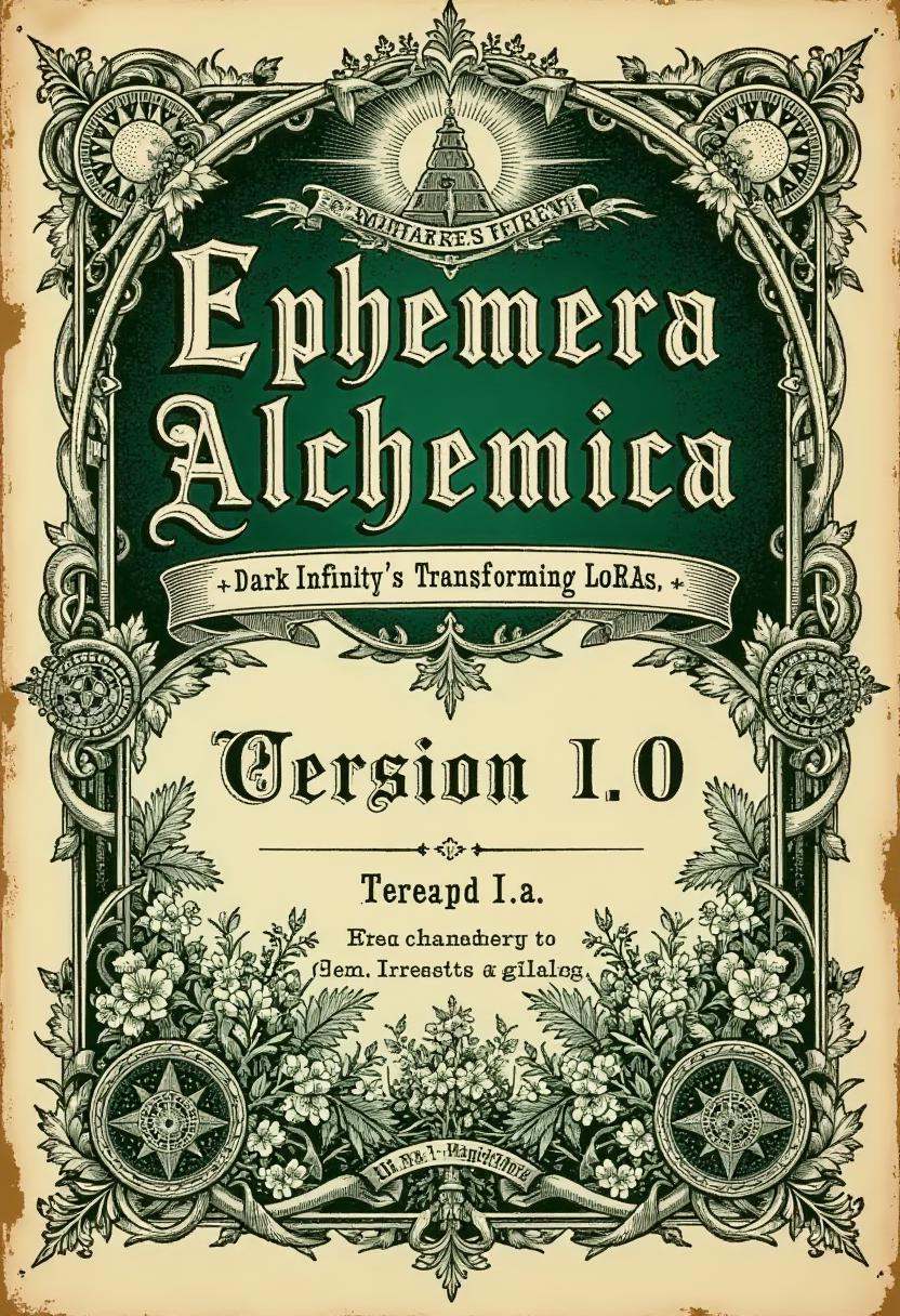 A vintage apothecary label for 'Ephemera Alchemica,  ' designed in deep emerald green and silver ink,  with the title in b...