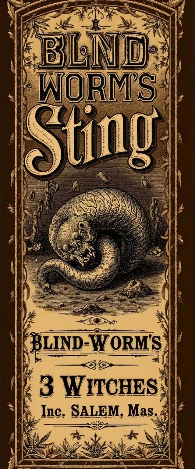 A dark vintage label for 'Blind-Worm’s Sting,  ' in brown and gold ink,  featuring a central illustration of a writhing bl...