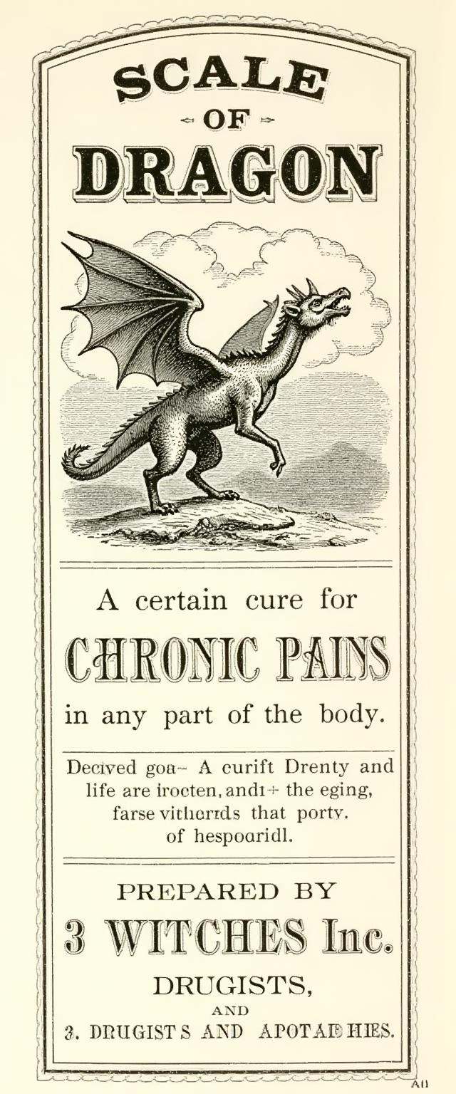 A vintage apothecary label for 'Scale of Dragon,  ' in black ink,  with an illustration of a dragon about to spread its wi...