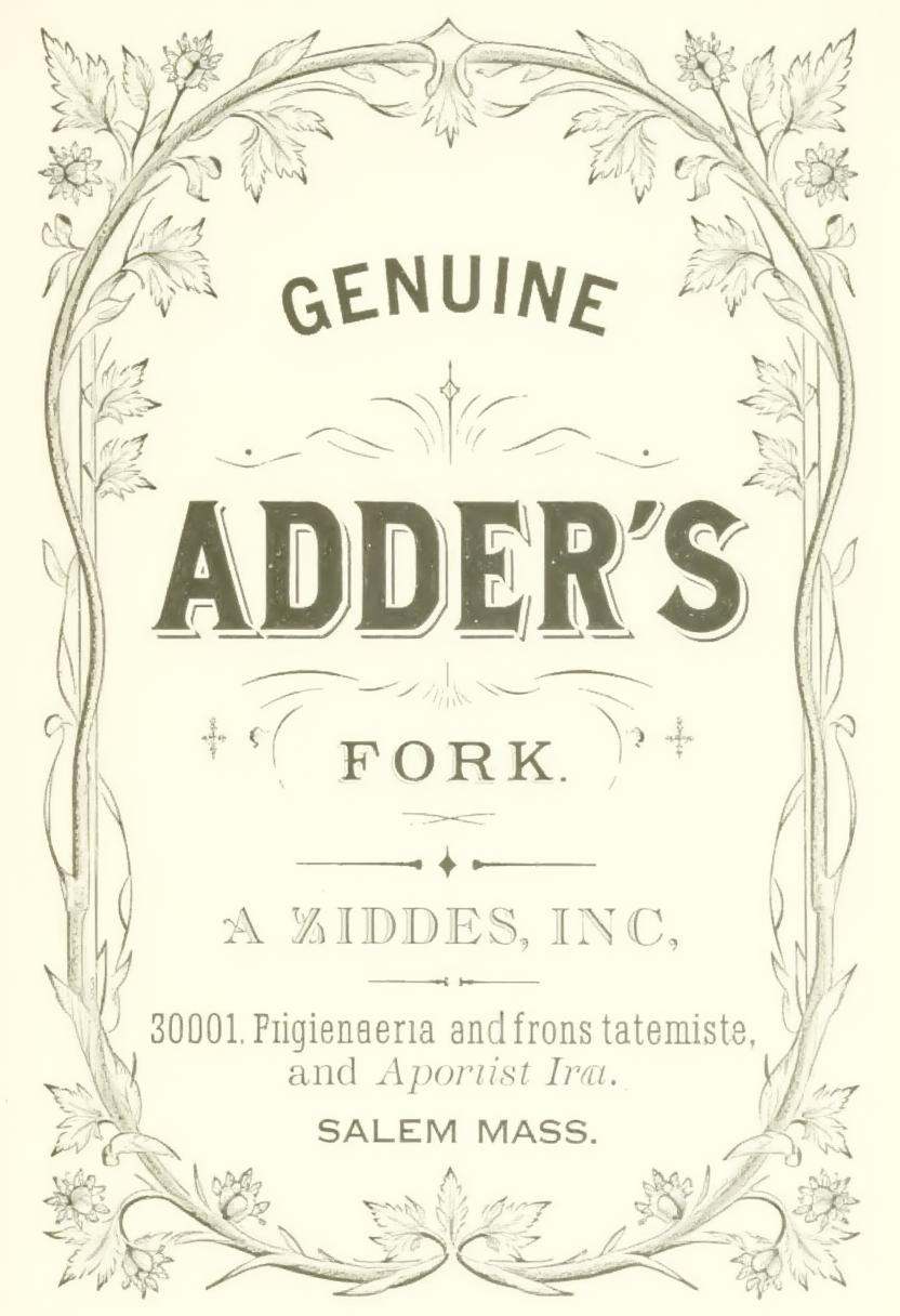 A vintage apothecary label for 'Genuine Adder’s fork,  ' featuring bold,  black serif typography with decorative shadows o...