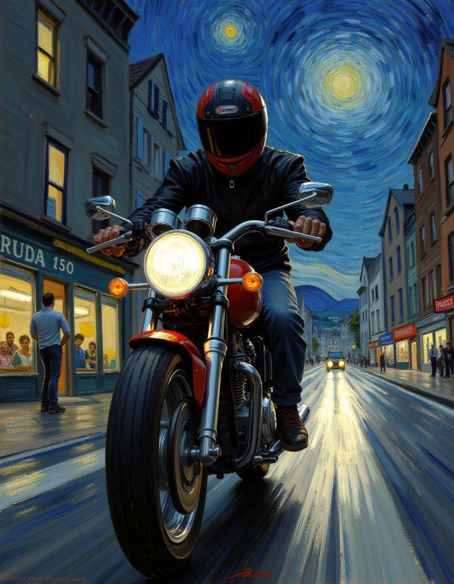 a figure wearing a motorcycle helmet on a motorcycle driving really fast through city streets,  starry_night1 style on Ten...