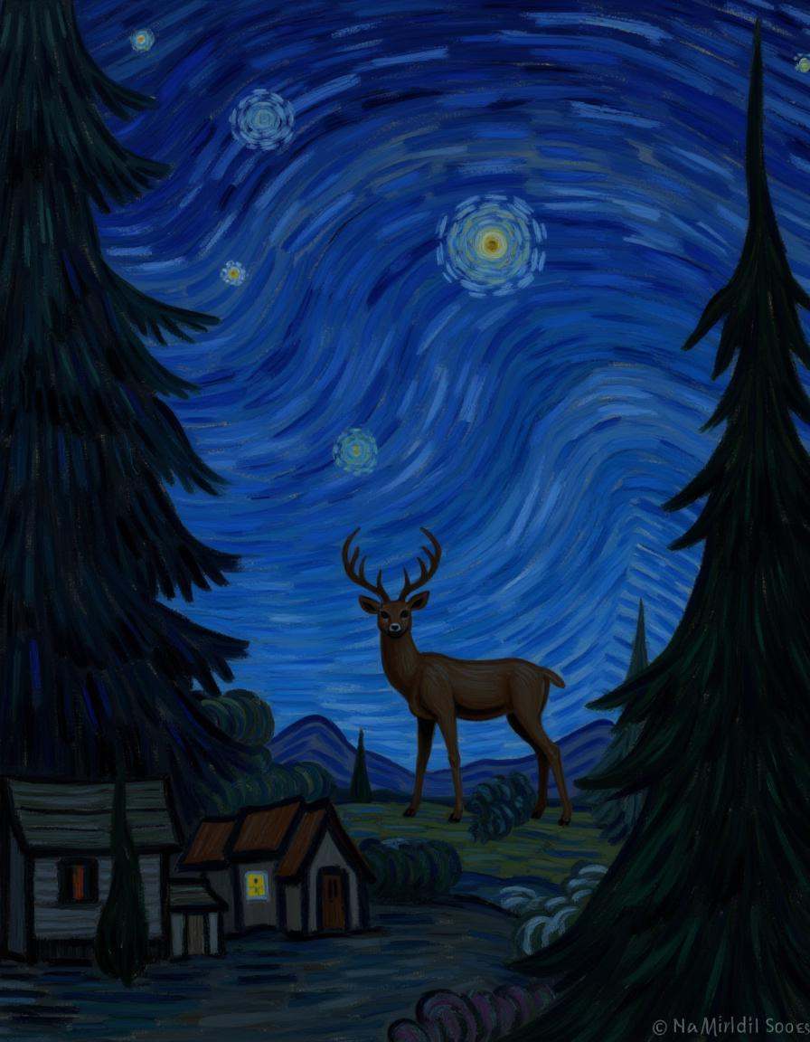 starry_night1,  A deer in a forest glade on Tensor.Art