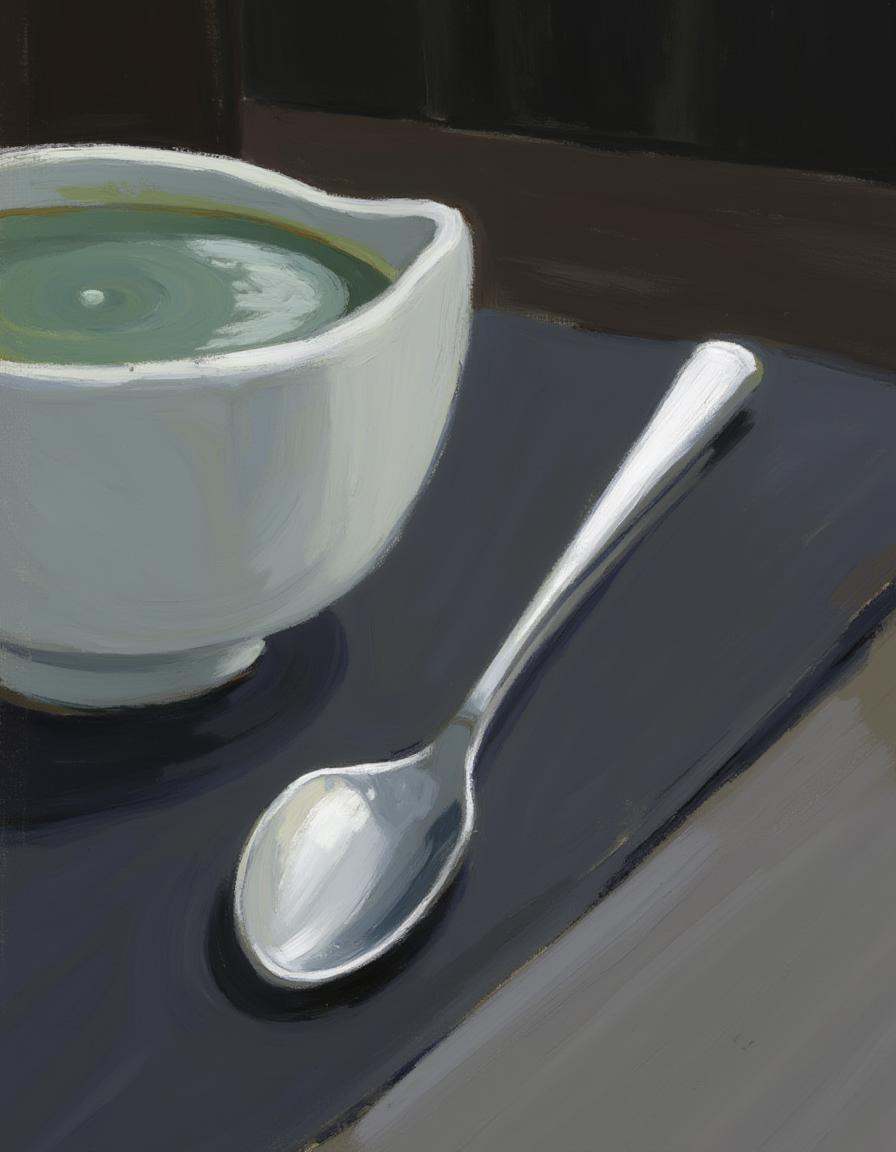 starry_night1,  A sleek silver spoon resting beside a bowl of clear soup,  the surface reflecting subtle light. on Tensor.Art