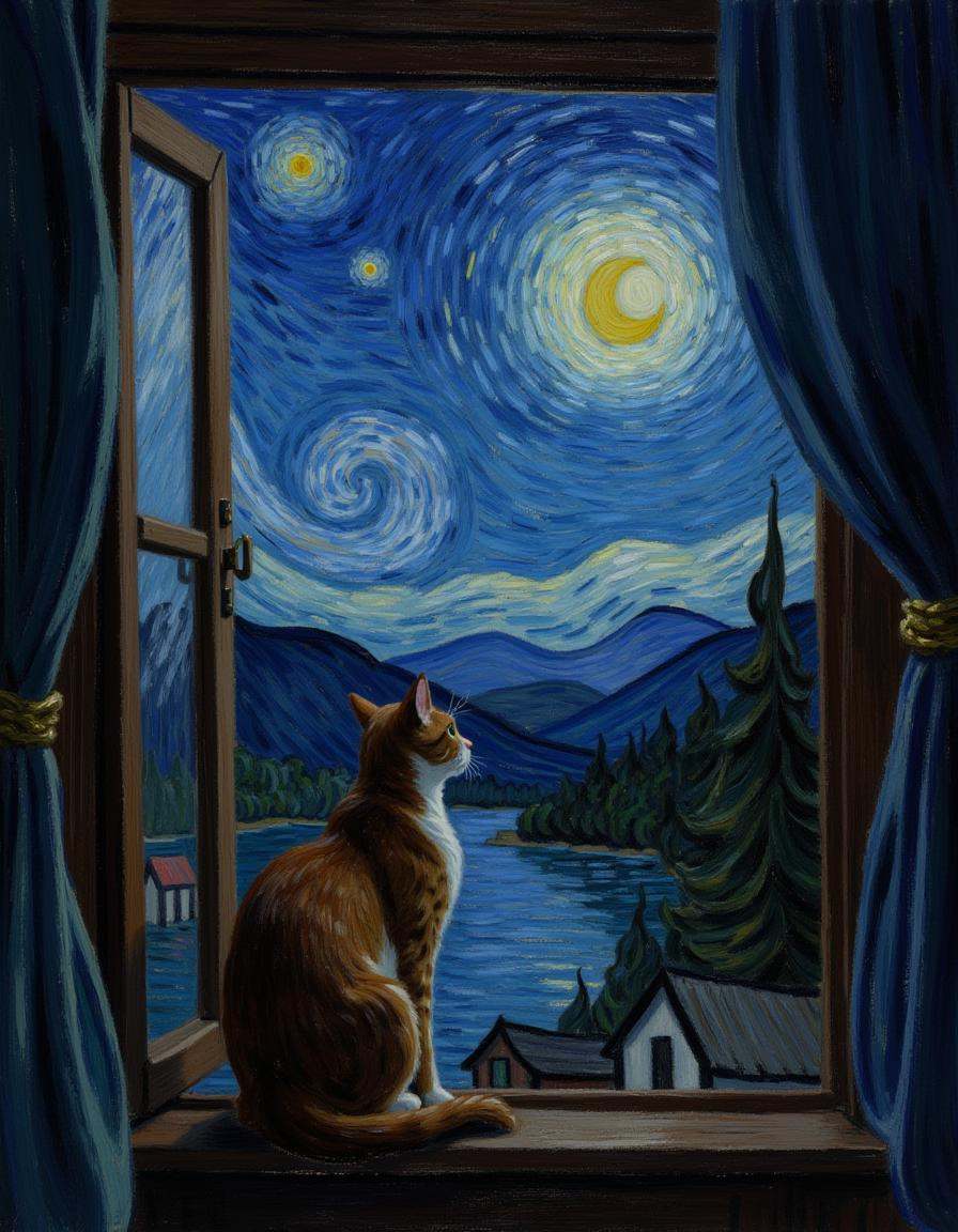 a cat sitting in an open window with a forest and lake in the background outside,  starry_night1 style on Tensor.Art
