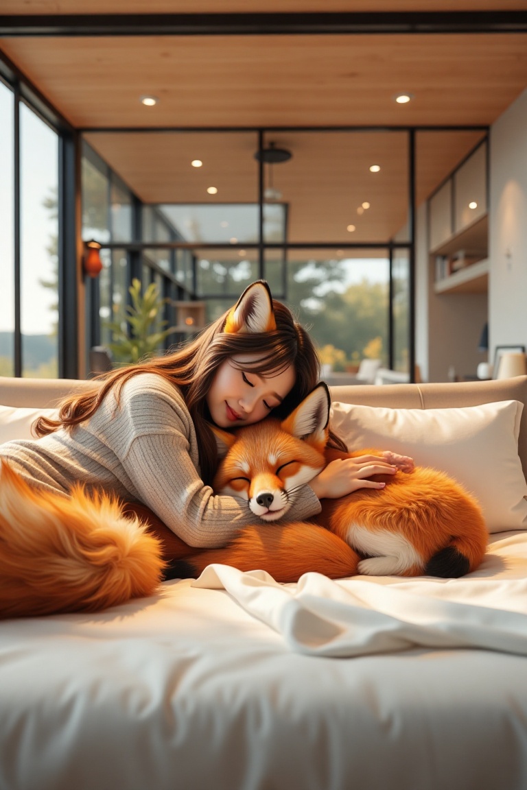 1girl embraces a fire fox on a big bed with glass ,  and the fire fox is her cute pet,  interior design on Tensor.Art
