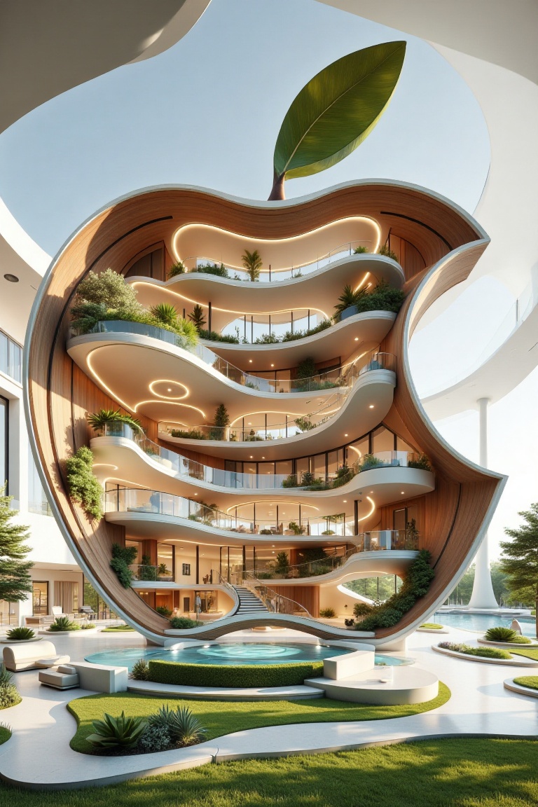 An intricately detailed cutaway illustration of a colossal apple logo,  interior design with glass,  revealing a cylindric...