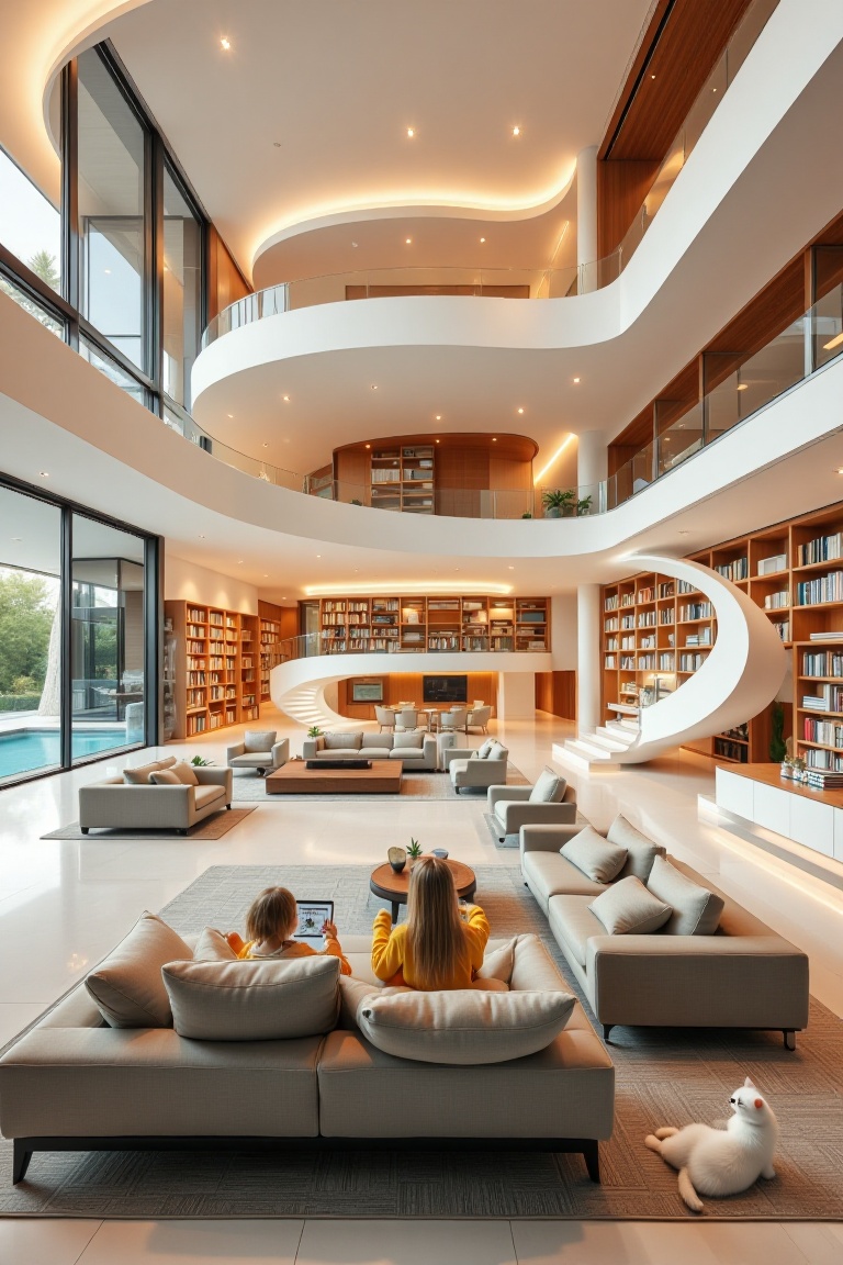 2 little girls sit on a big sofa watching ipad in a big living room with large glass,  interior design,  bookshelf on Tens...
