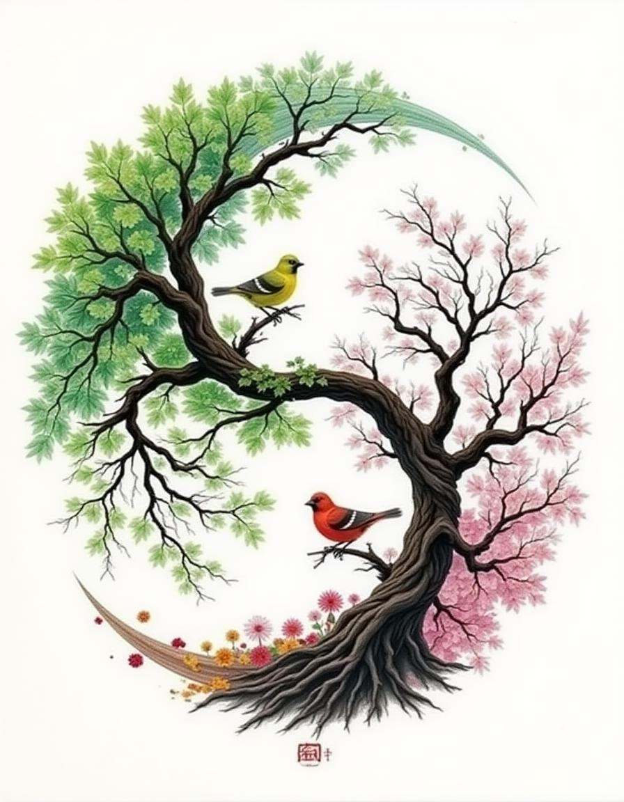 A sumi diyngyng style painting of a yin-yang symbol created by two intertwined trees,  one with lush green leaves and the...