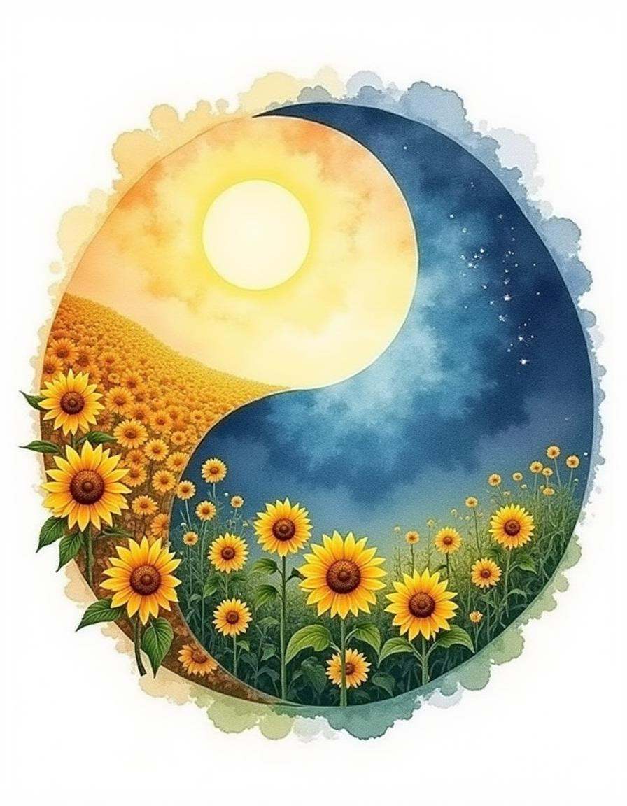 A watercolor diyngyng style painting of a yin-yang symbol with one half as a sunflower field under a bright sky,  the othe...