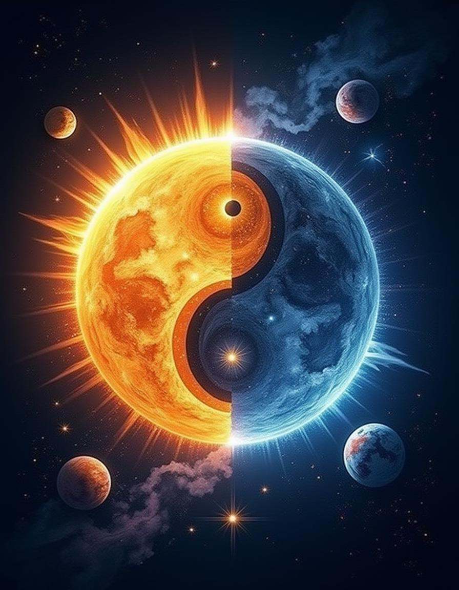 A digital diyngyng style drawing of a sun and moon in a yin-yang configuration,  with golden rays on one side and cool,  s...