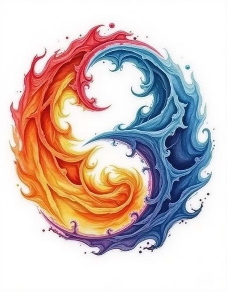 A watercolor diyngyng style painting of a yin-yang symbol made from swirling fire and water. Flames and waves intertwine s...