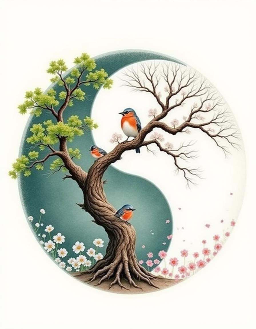 A sumi diyngyng style painting of a yin-yang symbol created by two intertwined trees,  one with lush green leaves and the...