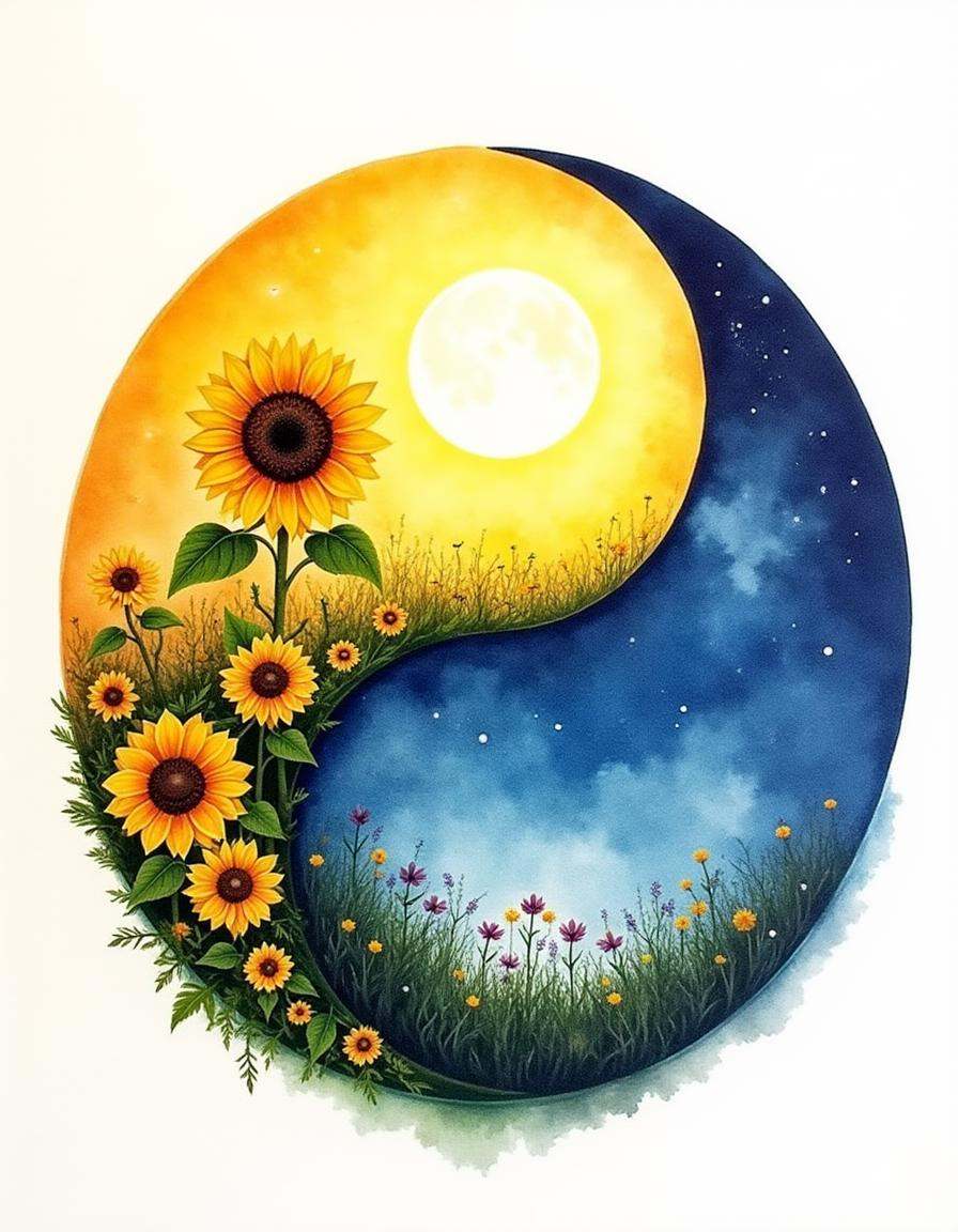 A watercolor diyngyng style painting of a yin-yang symbol with one half as a sunflower field under a bright sky,  the othe...
