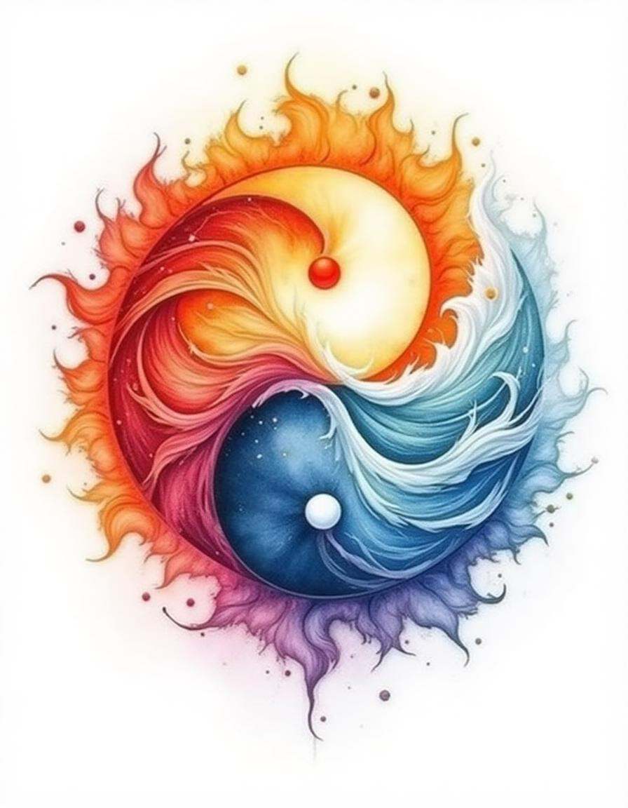 A watercolor diyngyng style painting of a yin-yang symbol made from swirling fire and water. Flames and waves intertwine s...