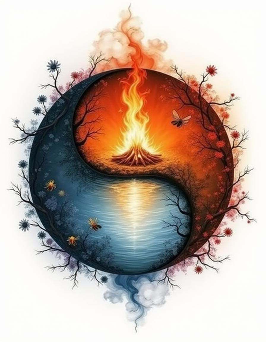 A sumi diyngyng style painting of a yin-yang with one side as a blazing campfire and the other as a tranquil pond. Firefli...