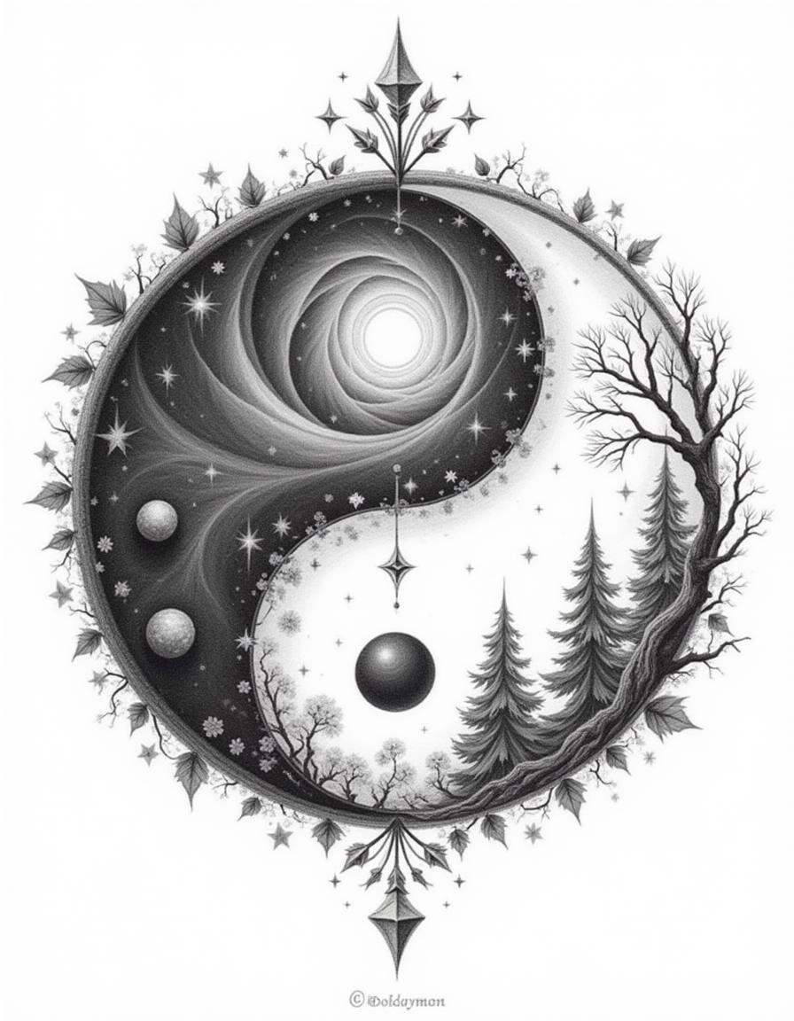 A pencil diyngyng style sketch of a yin-yang with one half as a swirling galaxy and the other as an ancient forest. Stars...